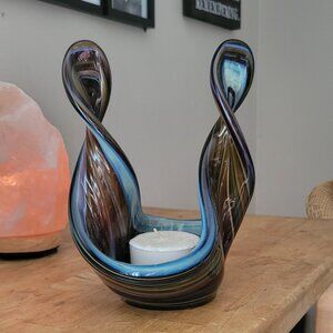 Blown Glass Candle Holder in Shades of Blue and Brown